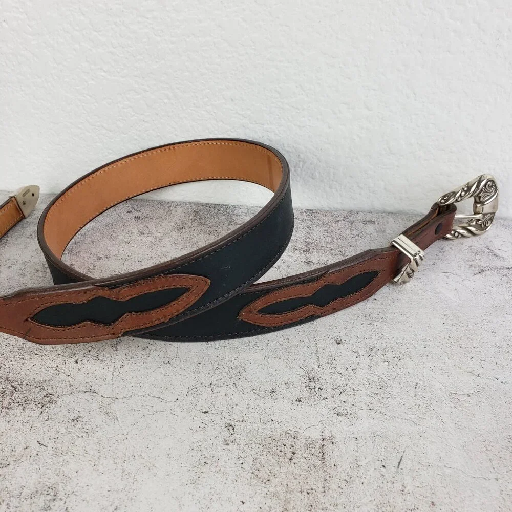 Vintage NOCONA Leather Belt Western Engraved Buckle Southwestern Boho Brown 34